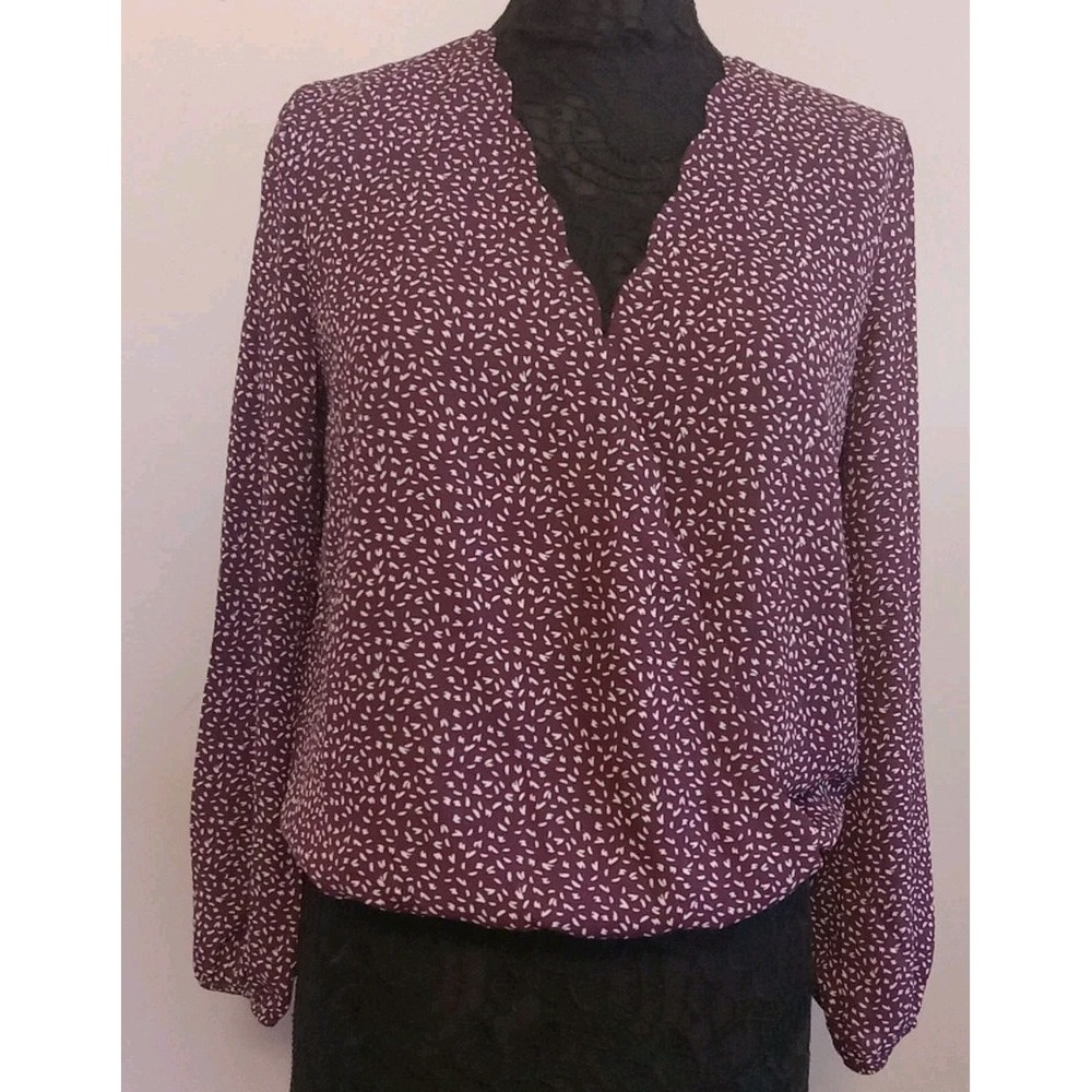Nine britton Wine White Print Pattern Scallop Faux Wrap Long Sleeve Top Size S